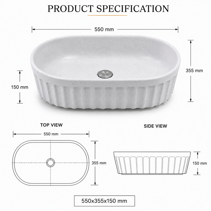 Bassino matte ceramic oval countertop wash basin in white, 550 × 355 × 150 mm