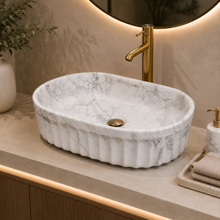 Bassino matte ceramic oval countertop wash basin with white marble finish, 550 × 355 × 150 mm