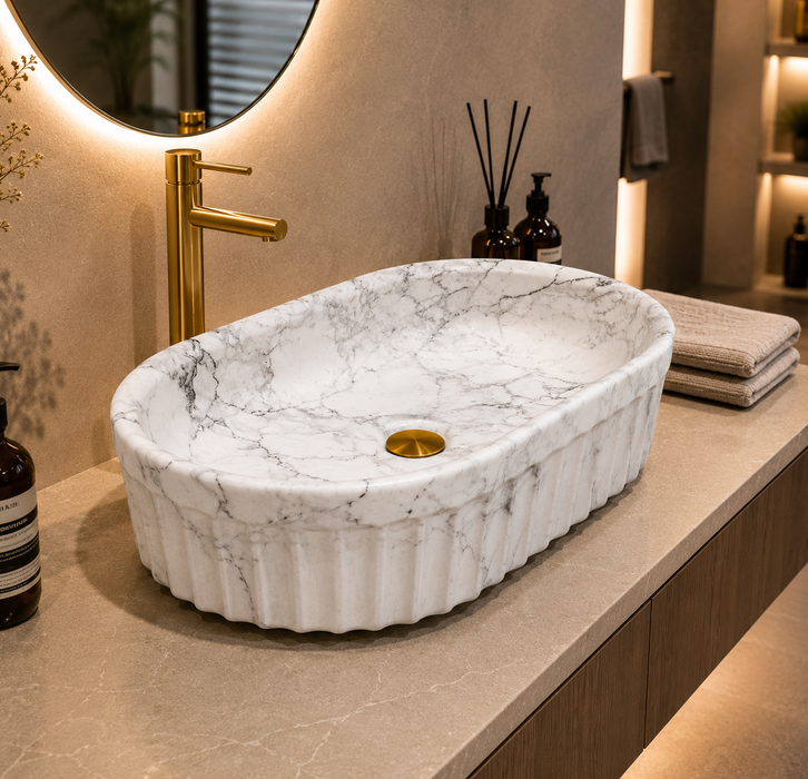Bassino matte ceramic oval countertop wash basin with white marble finish, 550 × 355 × 150 mm