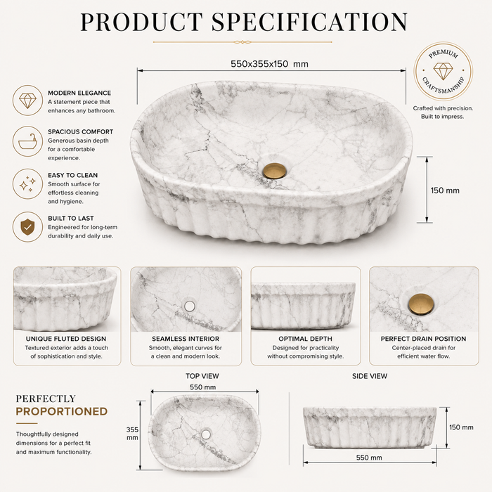 Bassino matte ceramic oval countertop wash basin with white marble finish, 550 × 355 × 150 mm