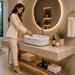Bassino matte ceramic oval countertop wash basin with white marble finish, 550 × 355 × 150 mm