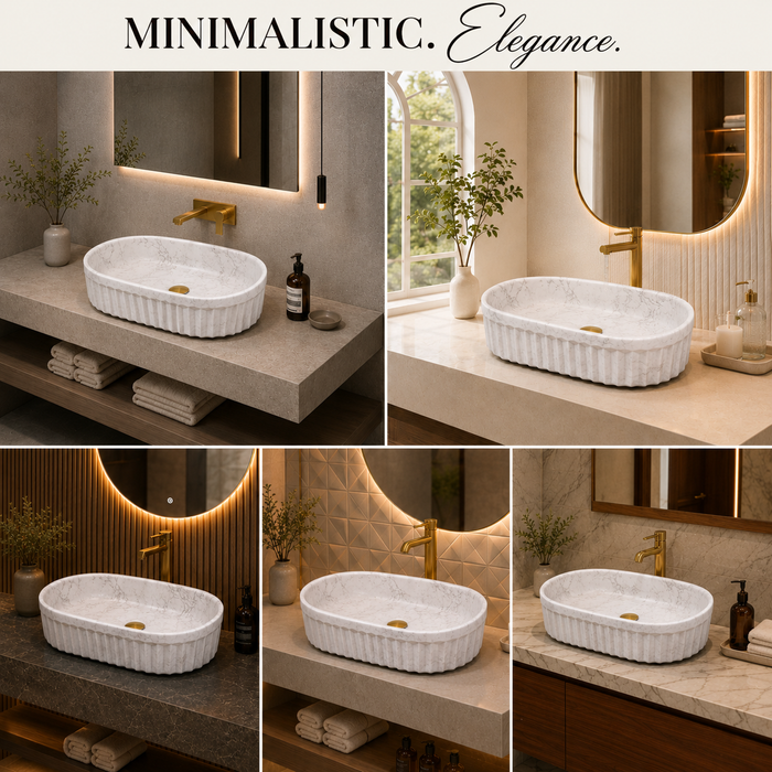 Bassino matte ceramic oval countertop wash basin with white marble finish, 550 × 355 × 150 mm