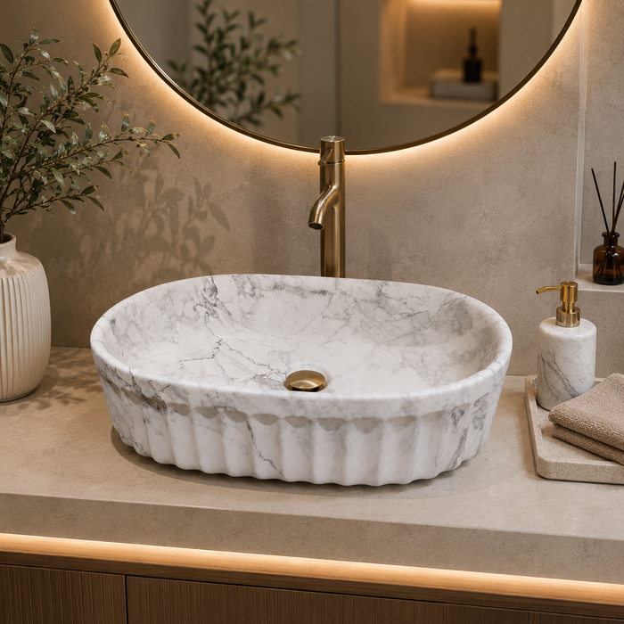 Bassino matte ceramic oval countertop wash basin with white marble finish, 550 × 355 × 150 mm