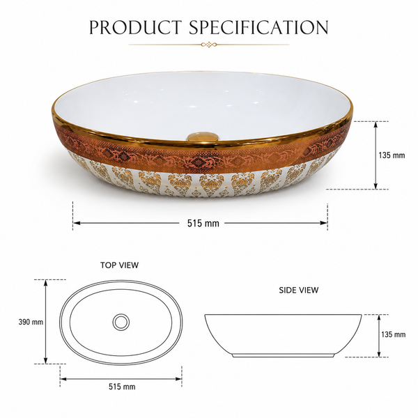 Premium Ceramic Designer Table Top Wash Basin, Refined Finish (20 × 14.5 × 5.5 In) OUTSIDE PATTERN-1