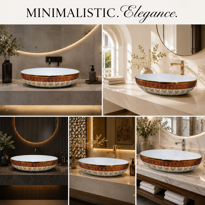Bassino oval ceramic countertop wash basin with glossy white and gold decorative finish