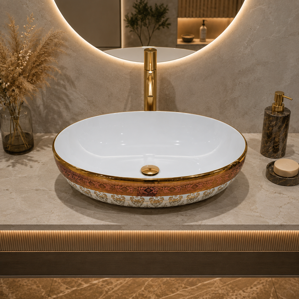 Premium Ceramic Designer Table Top Wash Basin, Refined Finish (20 × 14.5 × 5.5 In) OUTSIDE PATTERN-1