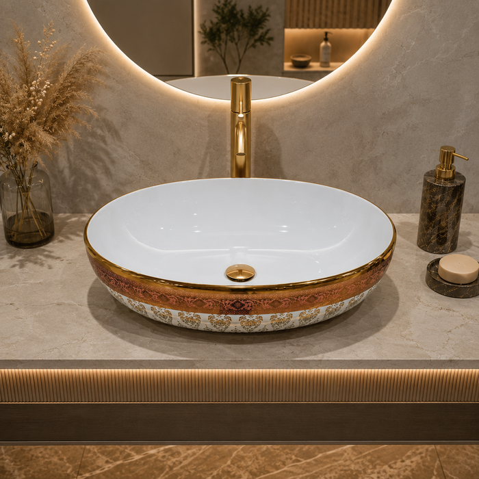 Bassino oval ceramic countertop wash basin with glossy white and gold decorative finish