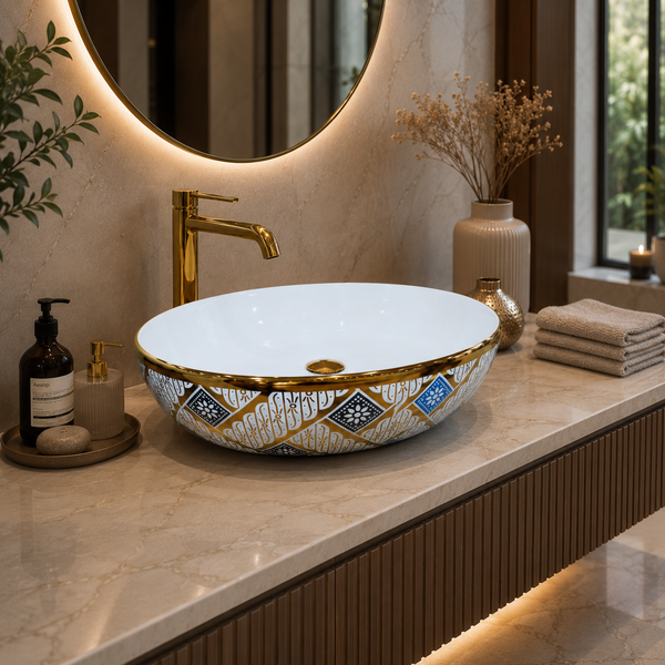 Premium Ceramic Designer Table Top Wash Basin, Refined Finish (20 × 14.5 × 5.5 In) OUTSIDE PATTERN-3