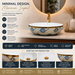 Bassino oval ceramic countertop wash basin with glossy white, blue and gold decorative finish