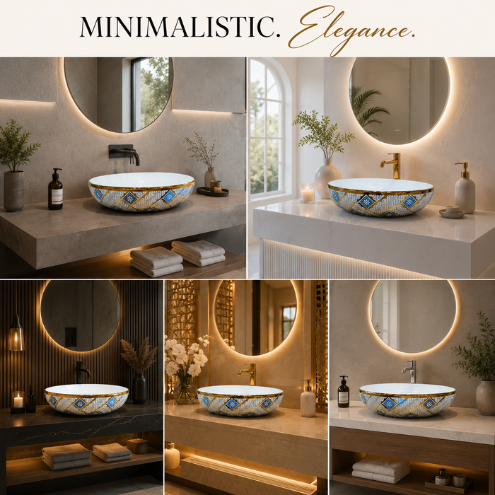 Bassino oval ceramic countertop wash basin with glossy white, blue and gold decorative finish