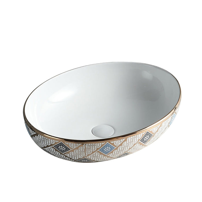 Bassino oval ceramic countertop wash basin with glossy white, blue and gold decorative finish