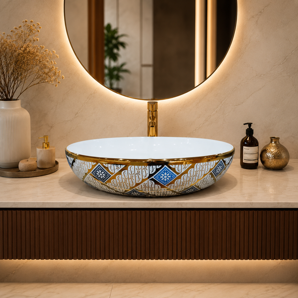Premium Ceramic Designer Table Top Wash Basin, Refined Finish (20 × 14.5 × 5.5 In) OUTSIDE PATTERN-3