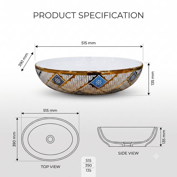 Premium Ceramic Designer Table Top Wash Basin, Refined Finish (20 × 14.5 × 5.5 In) OUTSIDE PATTERN-3