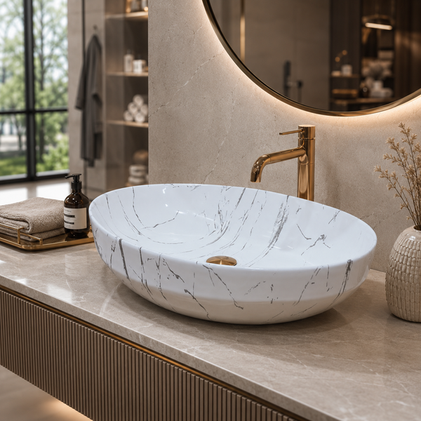 Premium Ceramic Designer Table Top Wash Basin, Refined Finish (20 × 14.5 × 5.5 In) MARBLE-4