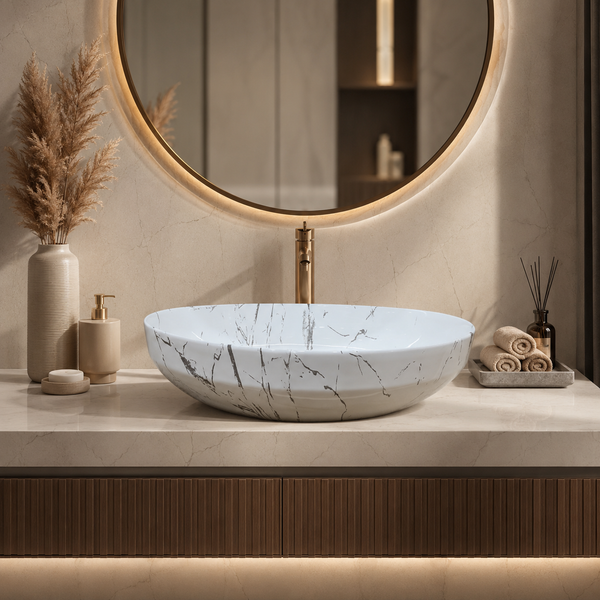 Premium Ceramic Designer Table Top Wash Basin, Refined Finish (20 × 14.5 × 5.5 In) MARBLE-4