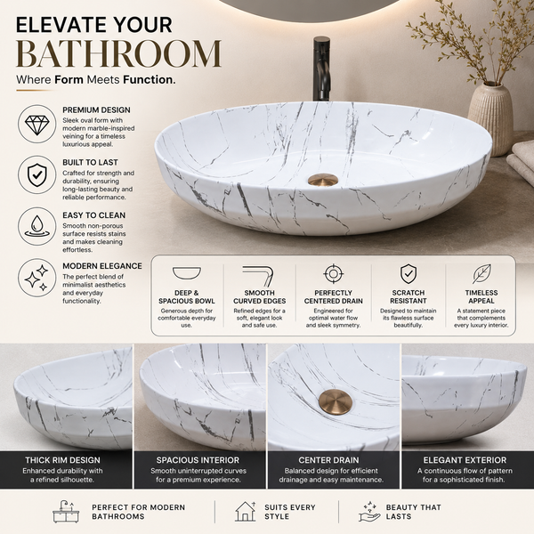 Premium Ceramic Designer Table Top Wash Basin, Refined Finish (20 × 14.5 × 5.5 In) MARBLE-4