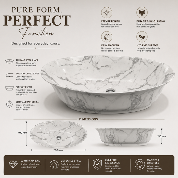 Bassino oval ceramic countertop wash basin with glossy white marble finish