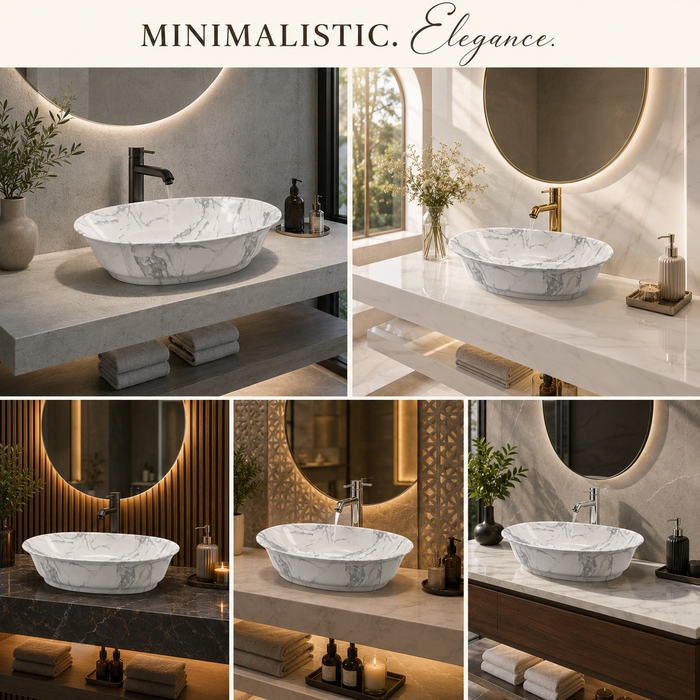 Bassino oval ceramic countertop wash basin with glossy white marble finish