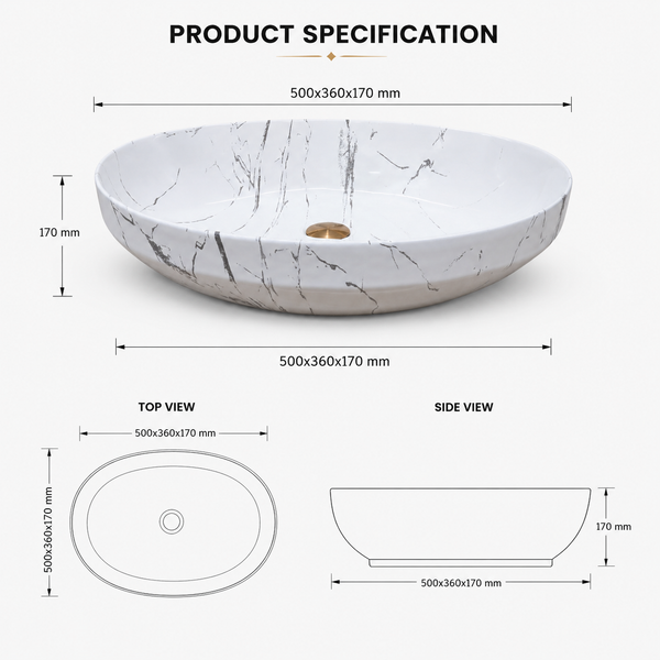 Premium Ceramic Designer Table Top Wash Basin, Refined Finish (20 × 14.5 × 5.5 In) MARBLE-4
