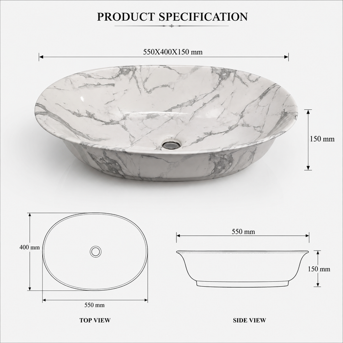Bassino oval ceramic countertop wash basin with glossy white marble finish
