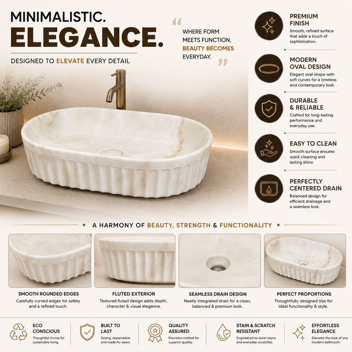 Bassino premium oval ceramic table top wash basin with matte ivory marble design