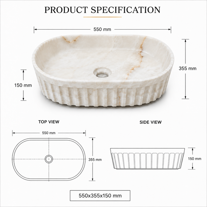 Bassino premium oval ceramic table top wash basin with matte ivory marble design