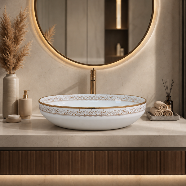 Premium Ceramic Designer Table Top Wash Basin, Refined Finish (20 × 14.5 × 5.5 In) GOLD-1