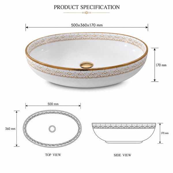Premium Ceramic Designer Table Top Wash Basin, Refined Finish (20 × 14.5 × 5.5 In) GOLD-1