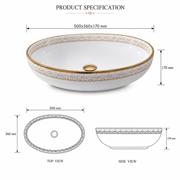 Bassino premium oval ceramic vessel wash basin with glossy white and gold border design