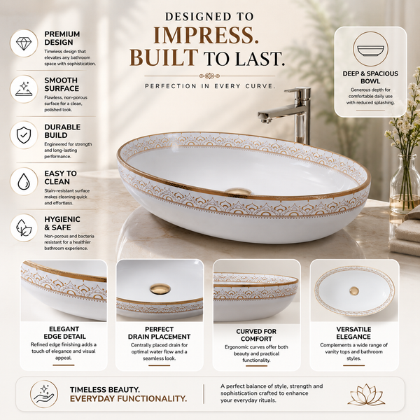 Premium Ceramic Designer Table Top Wash Basin, Refined Finish (20 × 14.5 × 5.5 In) GOLD-1