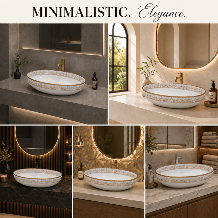 Bassino premium oval ceramic vessel wash basin with glossy white and gold border design