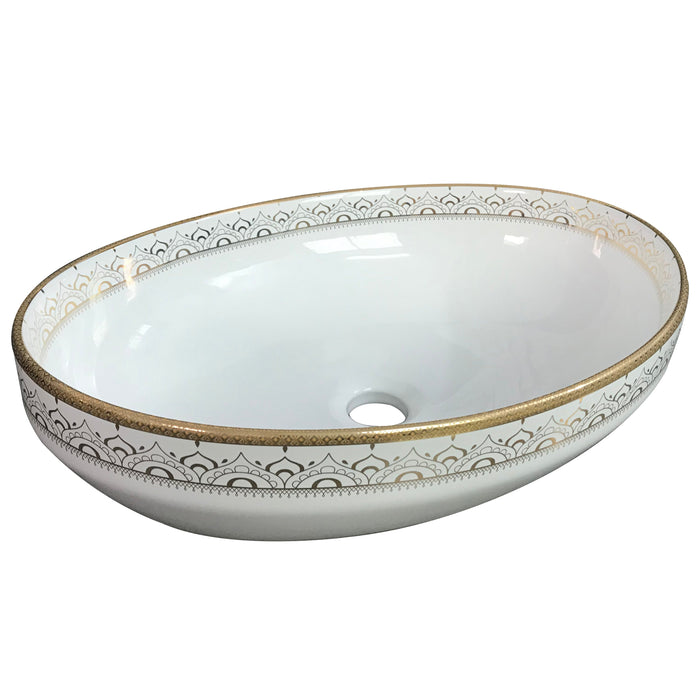Bassino premium oval ceramic vessel wash basin with glossy white and gold border design