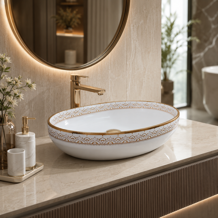 Bassino premium oval ceramic vessel wash basin with glossy white and gold border design