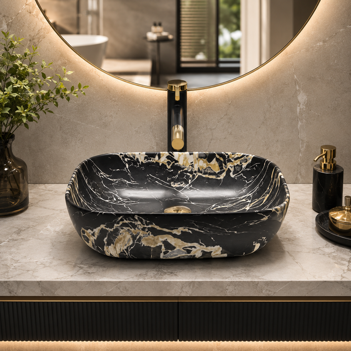 Bassino rectangular black marble ceramic countertop wash basin with matte finish