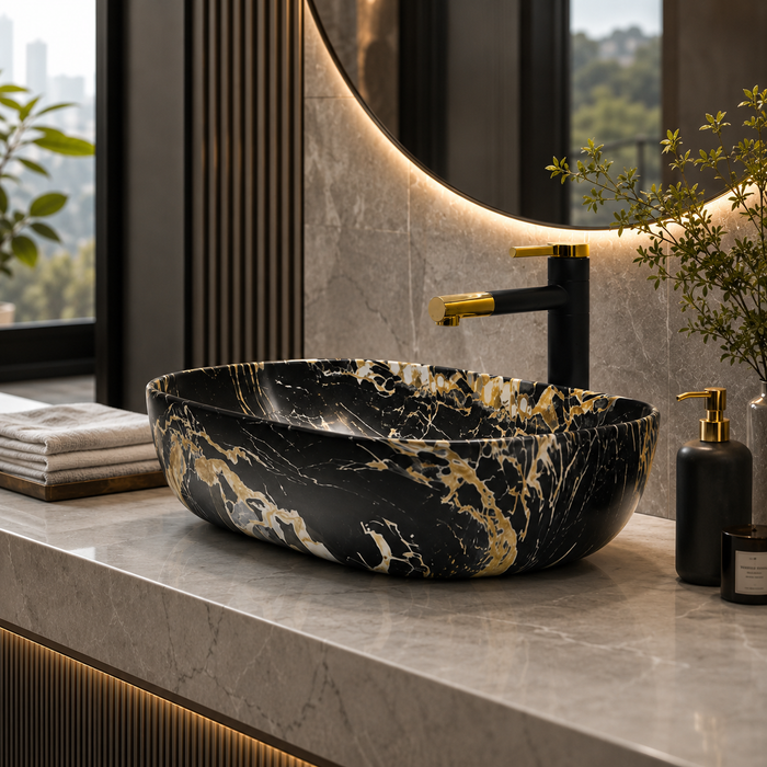 Bassino rectangular black marble ceramic countertop wash basin with matte finish