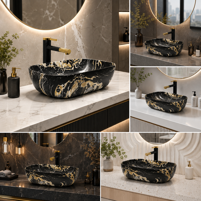 Bassino rectangular black marble ceramic countertop wash basin with matte finish