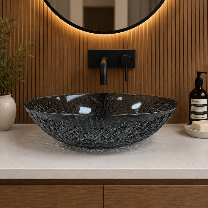 Bassino smoked grey textured glass table top wash basin, 500 x 360 x 155 mm oval countertop basin for modern luxury bathrooms