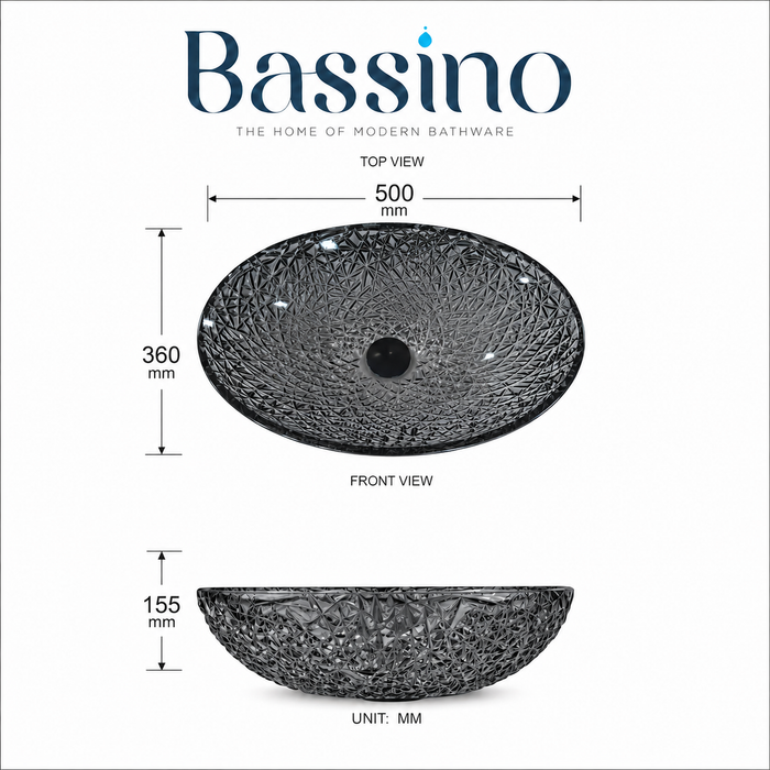Bassino smoked grey textured glass table top wash basin, 500 x 360 x 155 mm oval countertop basin for modern luxury bathrooms