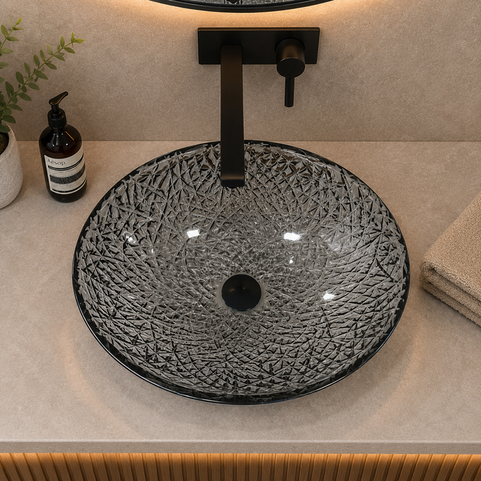 Bassino smoked grey textured glass table top wash basin, 500 x 360 x 155 mm oval countertop basin for modern luxury bathrooms