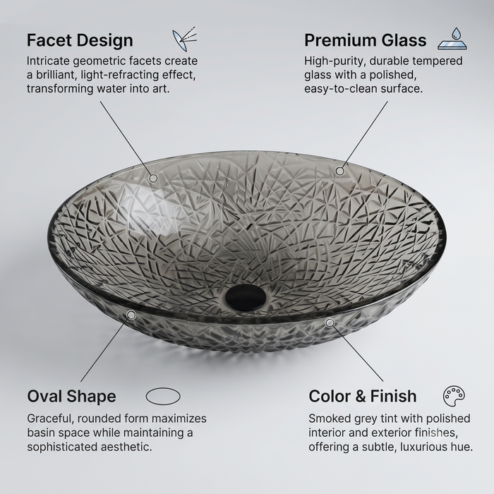 Bassino smoked grey textured glass table top wash basin, 500 x 360 x 155 mm oval countertop basin for modern luxury bathrooms
