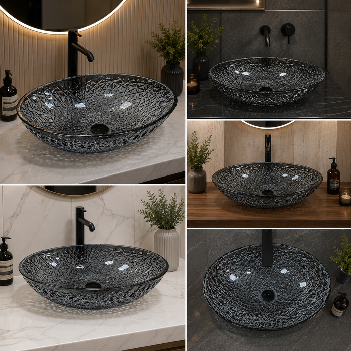 Bassino smoked grey textured glass table top wash basin, 500 x 360 x 155 mm oval countertop basin for modern luxury bathrooms