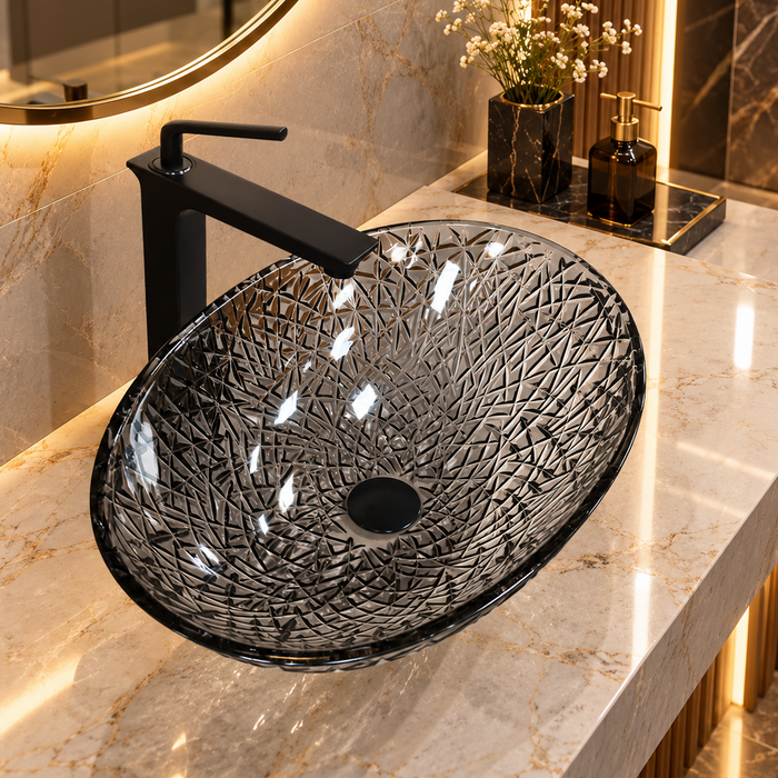 Bassino smoked grey textured glass table top wash basin, 500 x 360 x 155 mm oval countertop basin for modern luxury bathrooms