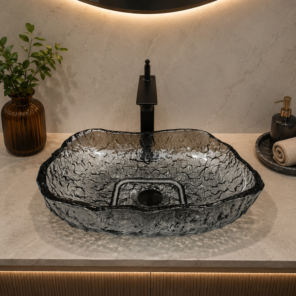 Smoky Black Ripple Textured Glass Table Top Wash Basin – 17.7 × 13.4 × 4.3 Inch Designer Countertop Basin for Luxury Bathroom