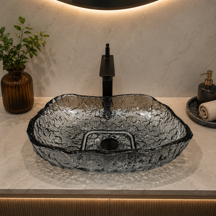 Bassino smoky grey ripple textured glass table top wash basin, 450 x 340 x 110 mm organic designer countertop basin for modern luxury bathrooms