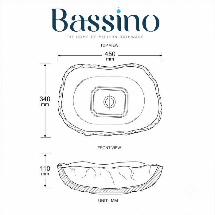 Bassino smoky grey ripple textured glass table top wash basin, 450 x 340 x 110 mm organic designer countertop basin for modern luxury bathrooms