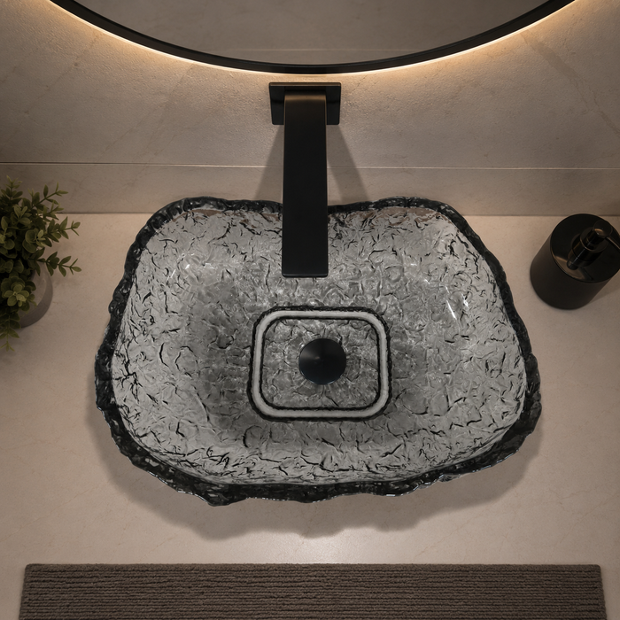 Bassino smoky grey ripple textured glass table top wash basin, 450 x 340 x 110 mm organic designer countertop basin for modern luxury bathrooms