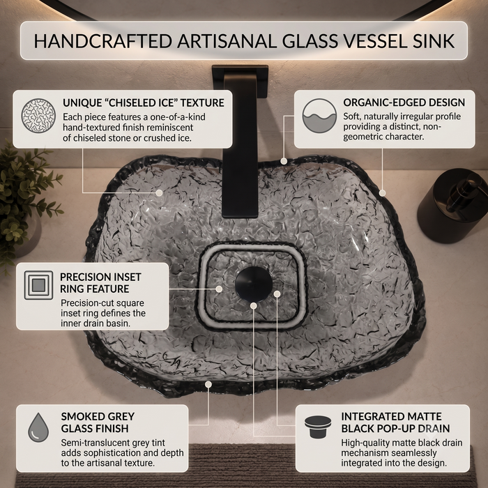Bassino smoky grey ripple textured glass table top wash basin, 450 x 340 x 110 mm organic designer countertop basin for modern luxury bathrooms
