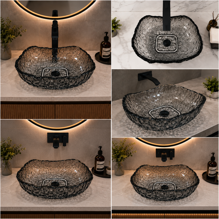 Bassino smoky grey ripple textured glass table top wash basin, 450 x 340 x 110 mm organic designer countertop basin for modern luxury bathrooms