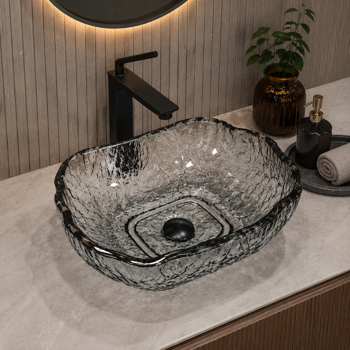 Bassino smoky grey ripple textured glass table top wash basin, 450 x 340 x 110 mm organic designer countertop basin for modern luxury bathrooms
