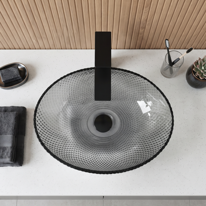 Bassino smoky grey textured glass table top wash basin, 430 x 320 x 120 mm oval countertop basin for modern luxury bathrooms